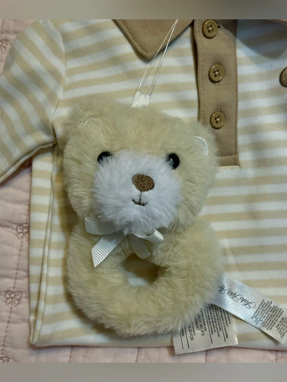 Saks Fifth Avenue 2 -Piece Set Striped Romper with Teddy Bear Rattle 3-6 months